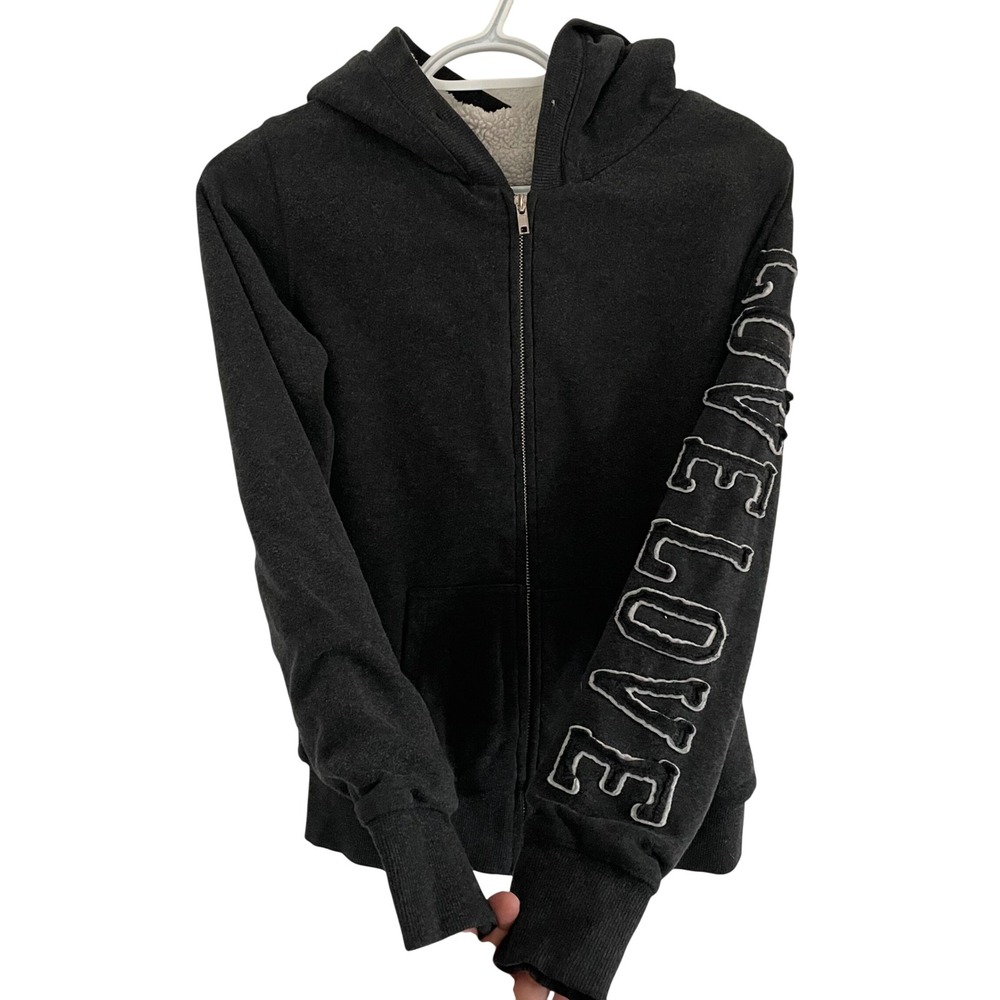 Y2K Vtg Sherpa Lined Zip Up Hoodie Charcoal Gray Applique Sleeve LOVE Cozy Indie